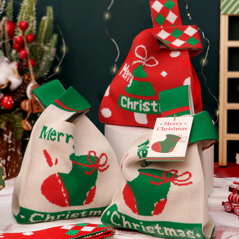 New Winter Christmas Knitted Tote Bag, Solid-Color Cotton Rope Drawstring Crossbody Phone Bag, Plain Blank Gift Storage Bag