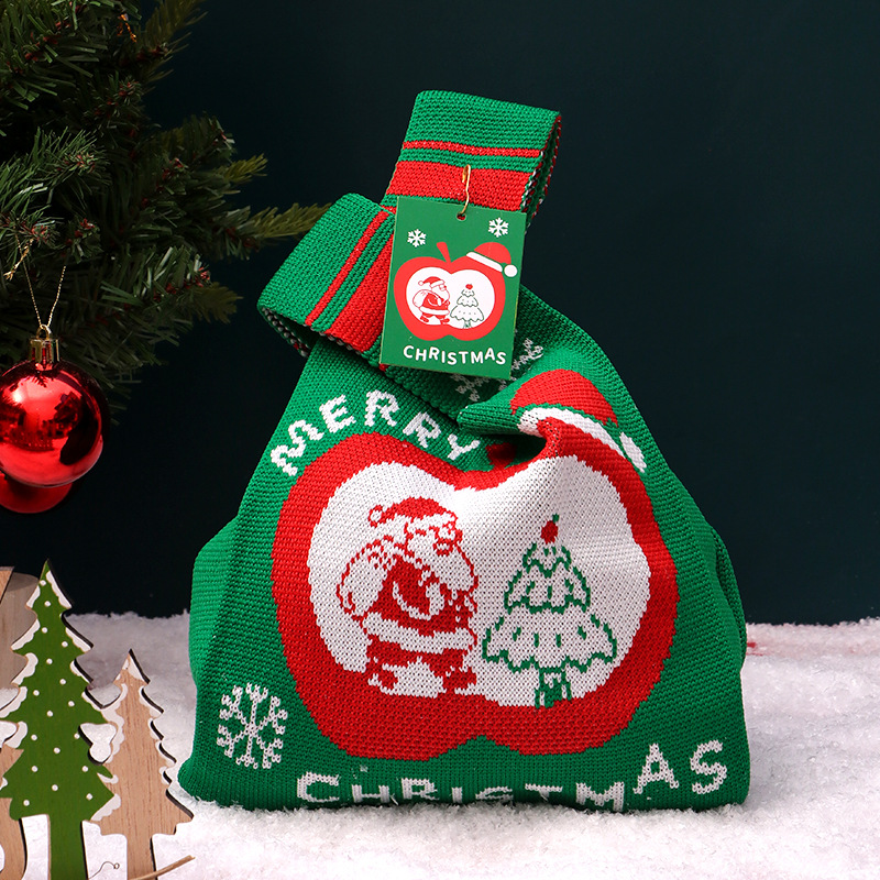 New Winter Christmas Knitted Tote Bag, Solid-Color Cotton Rope Drawstring Crossbody Phone Bag, Plain Blank Gift Storage Bag