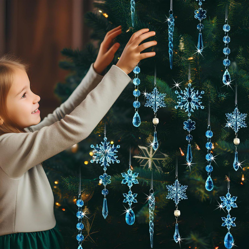 8-Piece Set of Light Blue Crystal Snowflake Christmas Tree Ornaments—Shatter-Resistant Acrylic "Frozen"-Themed Tree Ornaments