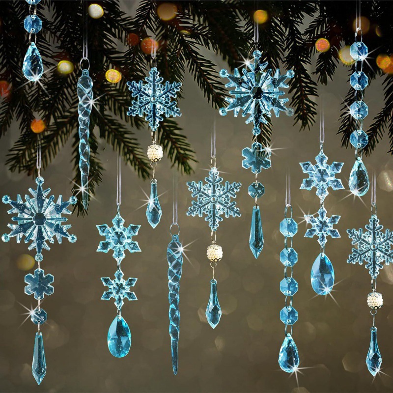 8-Piece Set of Light Blue Crystal Snowflake Christmas Tree Ornaments—Shatter-Resistant Acrylic "Frozen"-Themed Tree Ornaments