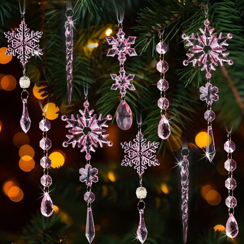 8-Piece Set of Light Blue Crystal Snowflake Christmas Tree Ornaments—Shatter-Resistant Acrylic "Frozen"-Themed Tree Ornaments