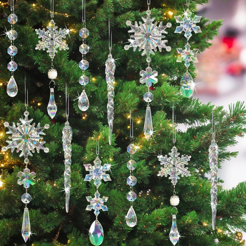 8-Piece Set of Light Blue Crystal Snowflake Christmas Tree Ornaments—Shatter-Resistant Acrylic "Frozen"-Themed Tree Ornaments