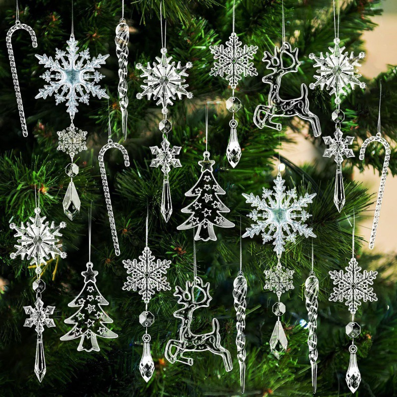 8-Piece Set of Light Blue Crystal Snowflake Christmas Tree Ornaments—Shatter-Resistant Acrylic "Frozen"-Themed Tree Ornaments