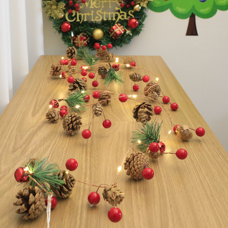 Christmas Pinecone, Red Berry, Pine Needle, and Bell LED Copper Wire String Lights—Festive Battery-Operated Decorative Rattan Lights