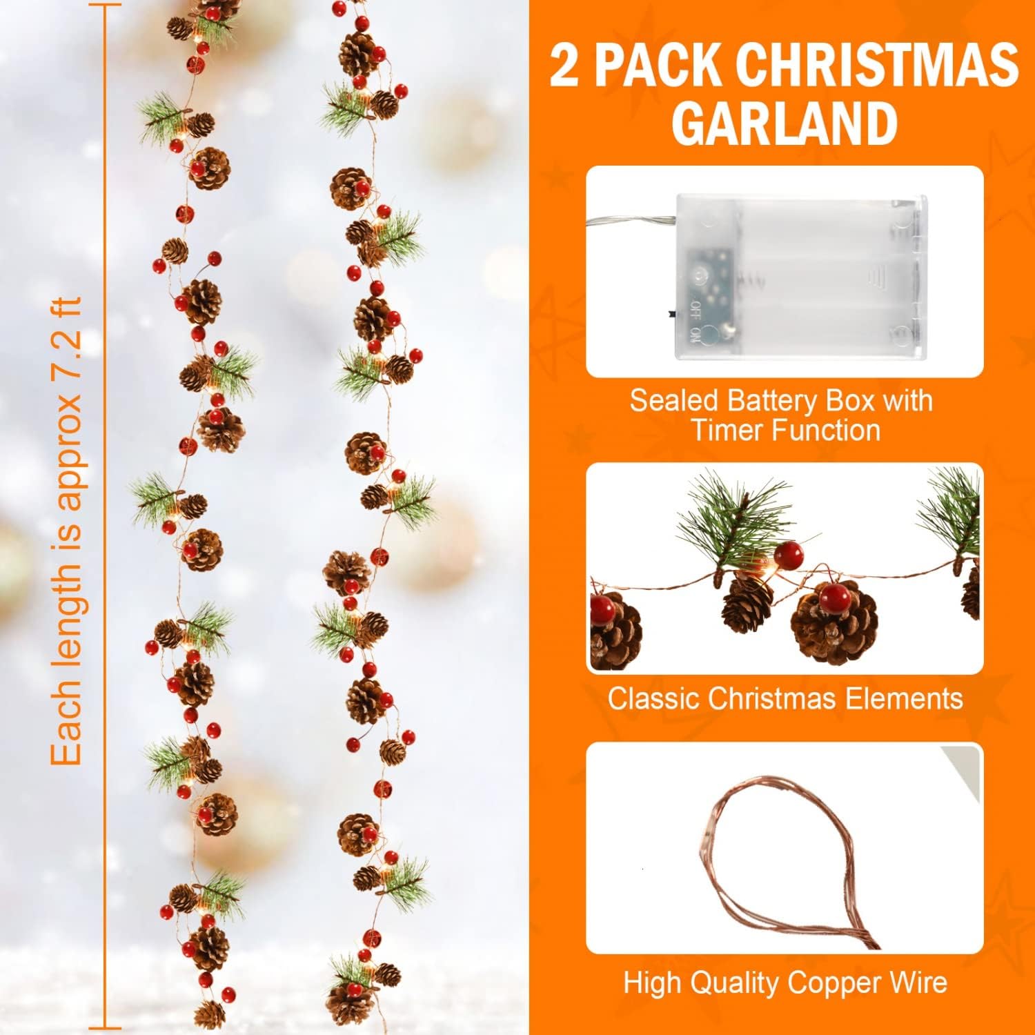 Christmas Pinecone, Red Berry, Pine Needle, and Bell LED Copper Wire String Lights—Festive Battery-Operated Decorative Rattan Lights