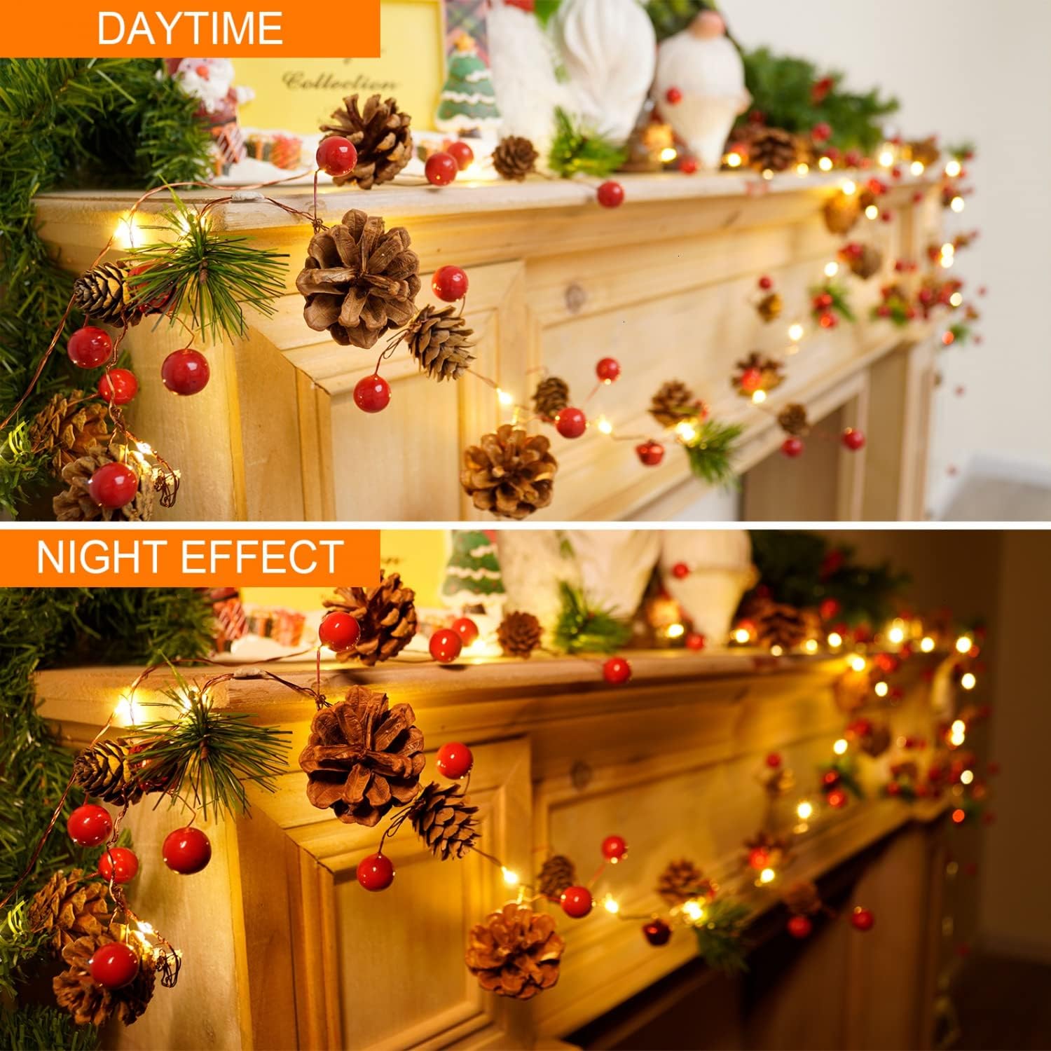 Christmas Pinecone, Red Berry, Pine Needle, and Bell LED Copper Wire String Lights—Festive Battery-Operated Decorative Rattan Lights