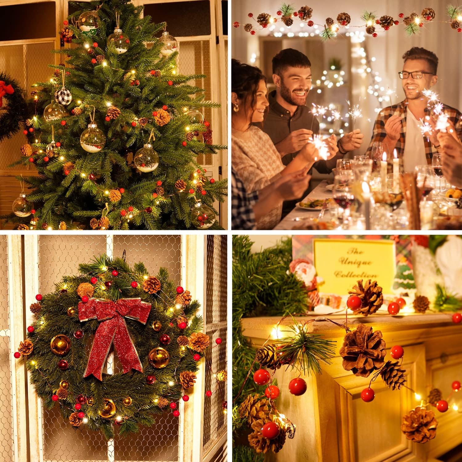 Christmas Pinecone, Red Berry, Pine Needle, and Bell LED Copper Wire String Lights—Festive Battery-Operated Decorative Rattan Lights
