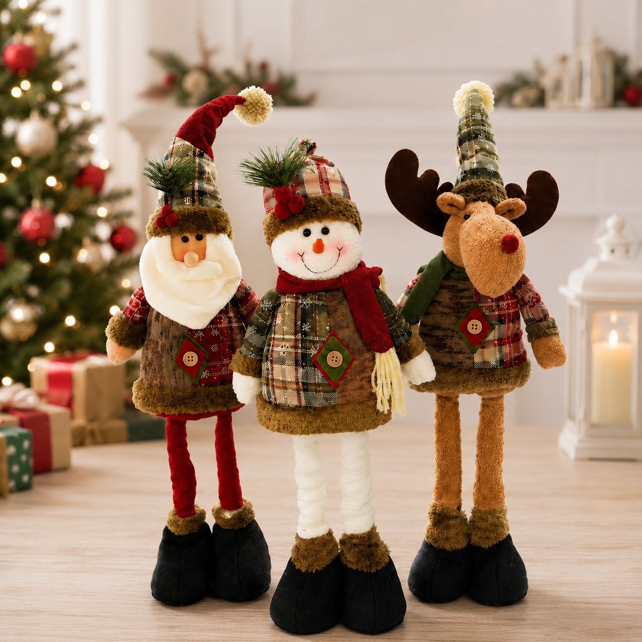 Adjustable, Telescoping-Leg Santa and Reindeer Plush Toy—Home Decor, Tabletop or Floor-Standing Fabric Ornament—Christmas Gift
