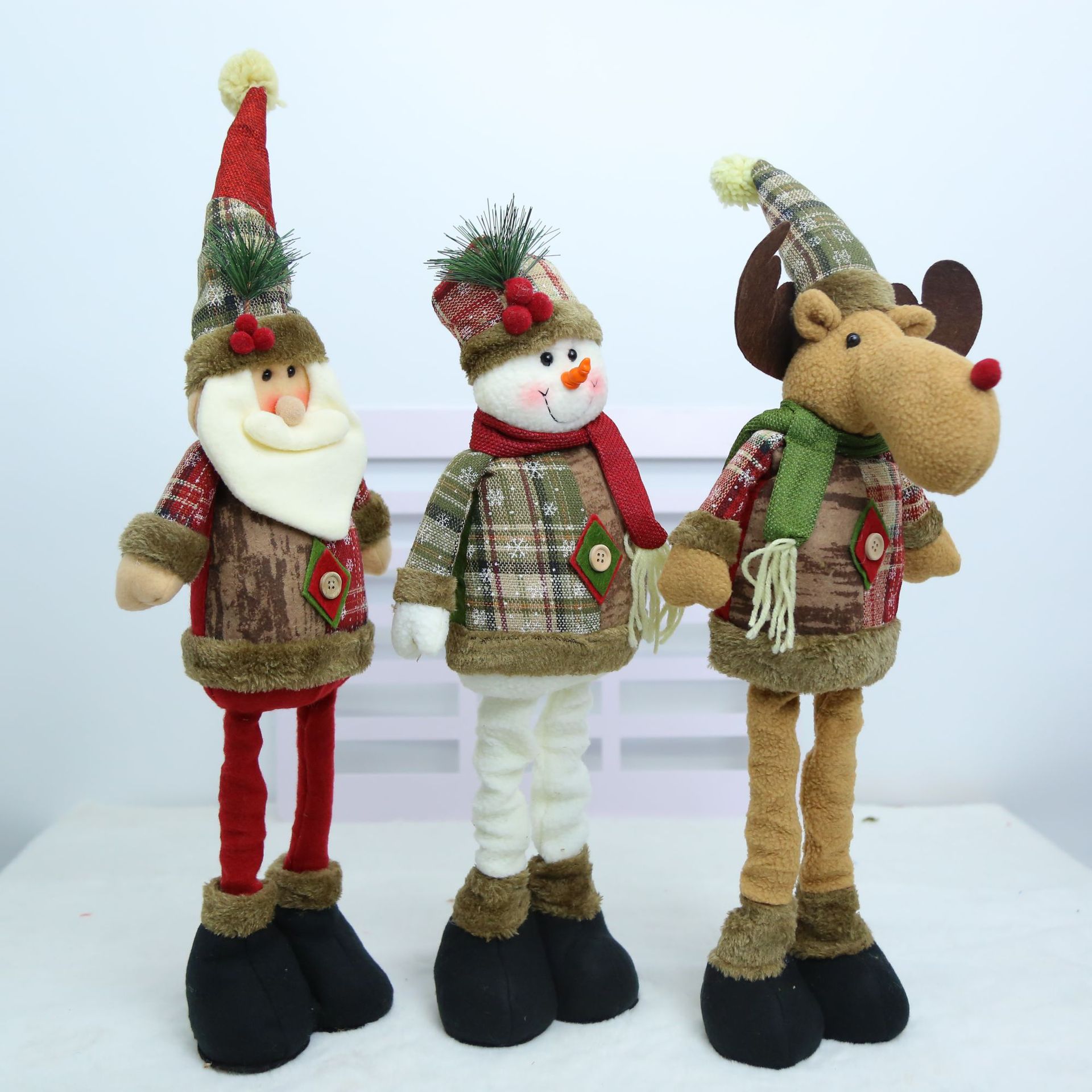 Adjustable, Telescoping-Leg Santa and Reindeer Plush Toy—Home Decor, Tabletop or Floor-Standing Fabric Ornament—Christmas Gift