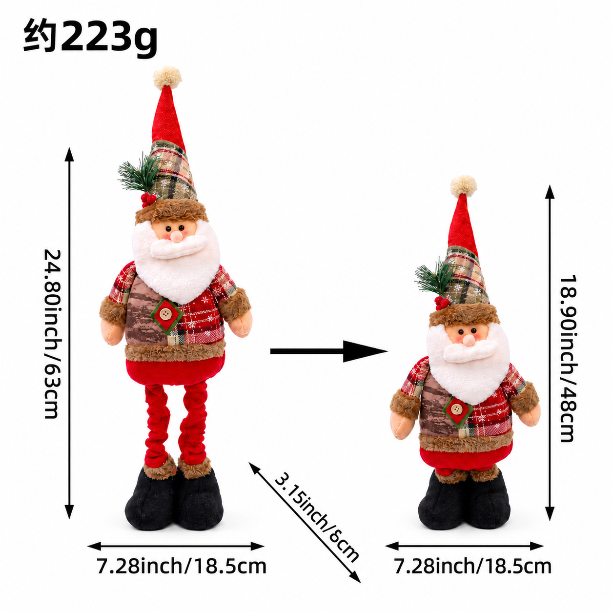 Adjustable, Telescoping-Leg Santa and Reindeer Plush Toy—Home Decor, Tabletop or Floor-Standing Fabric Ornament—Christmas Gift