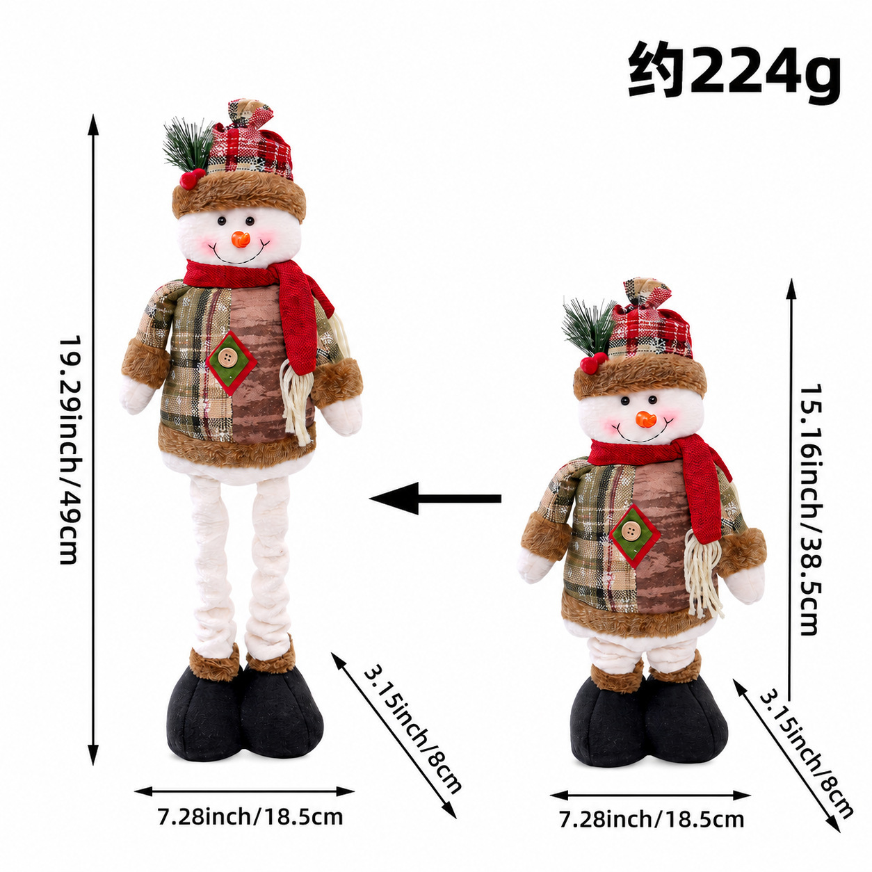 Adjustable, Telescoping-Leg Santa and Reindeer Plush Toy—Home Decor, Tabletop or Floor-Standing Fabric Ornament—Christmas Gift
