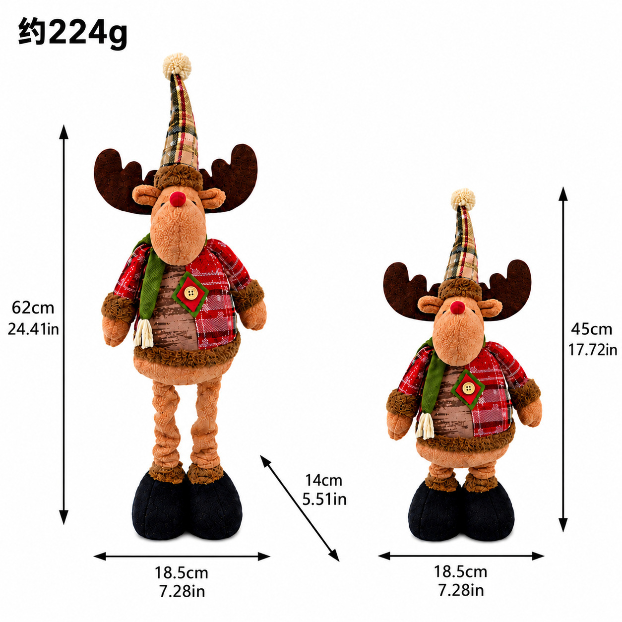 Adjustable, Telescoping-Leg Santa and Reindeer Plush Toy—Home Decor, Tabletop or Floor-Standing Fabric Ornament—Christmas Gift