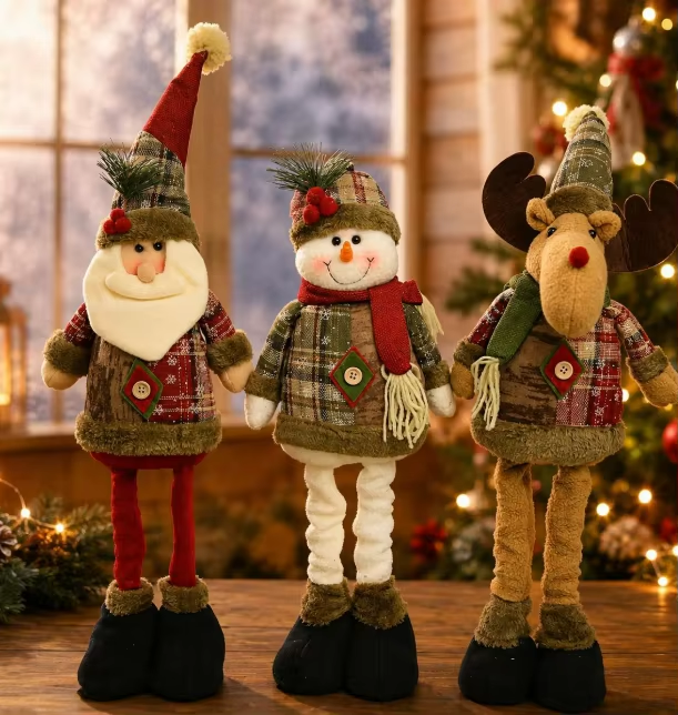 Adjustable, Telescoping-Leg Santa and Reindeer Plush Toy—Home Decor, Tabletop or Floor-Standing Fabric Ornament—Christmas Gift