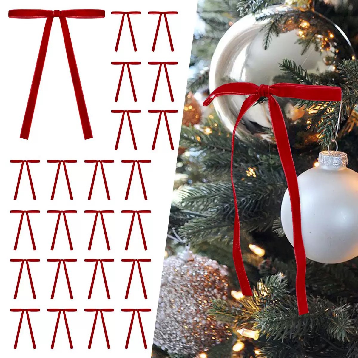 Vintage Velvet Bow Christmas Tree Ornament; Long-Tailed Twisted Ribbon Festive Wicker Wreath Decoration