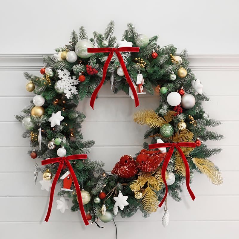 Vintage Velvet Bow Christmas Tree Ornament; Long-Tailed Twisted Ribbon Festive Wicker Wreath Decoration