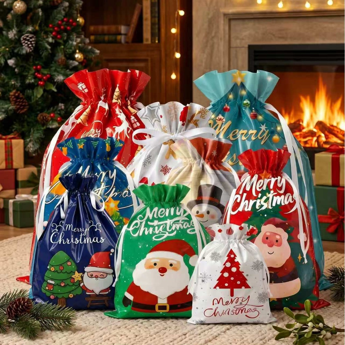 Christmas Drawstring Pouch Gift Bag—Gift Bag for Under the Christmas Tree, Candy and Apple Storage Bag, Party Favor Bag