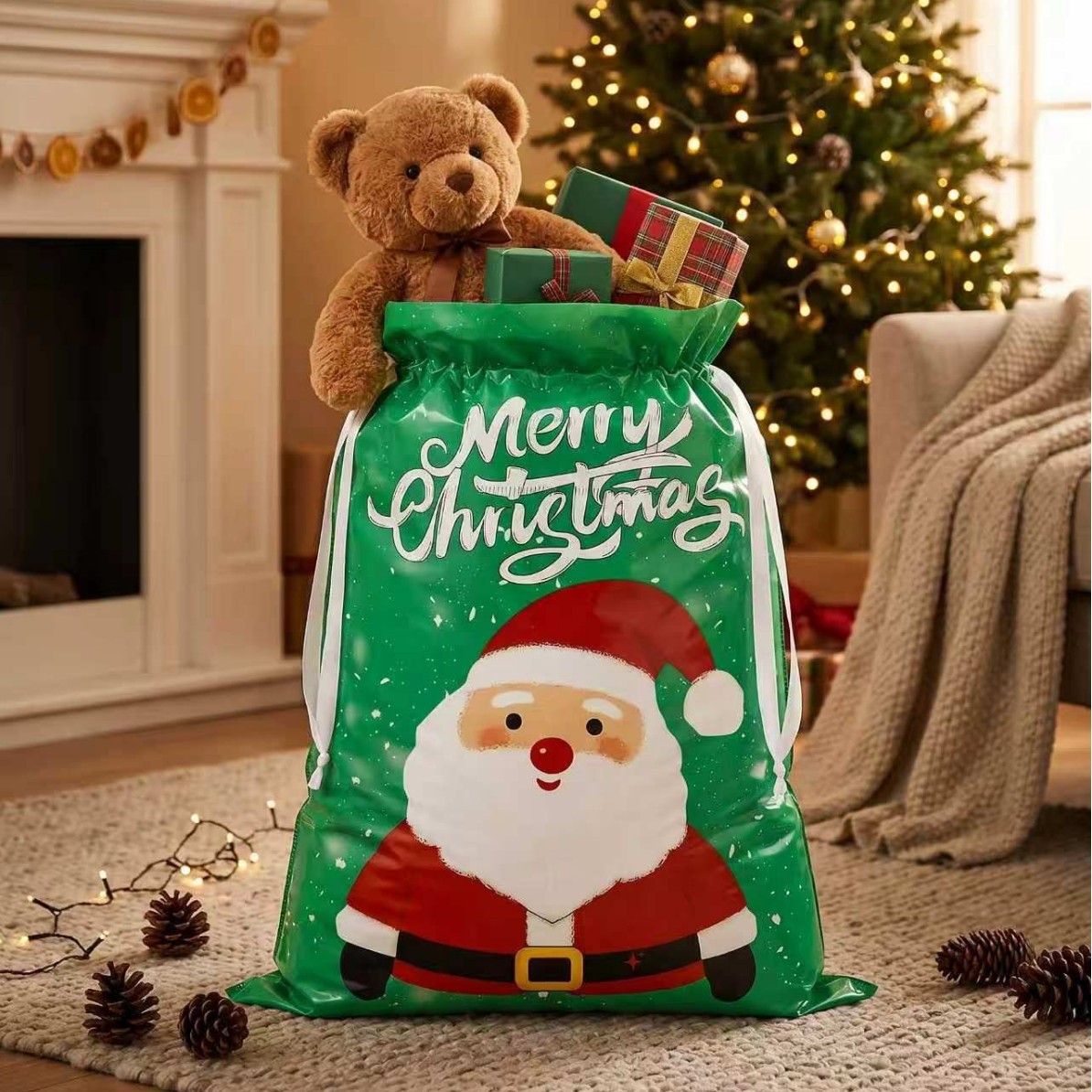 Christmas Drawstring Pouch Gift Bag—Gift Bag for Under the Christmas Tree, Candy and Apple Storage Bag, Party Favor Bag
