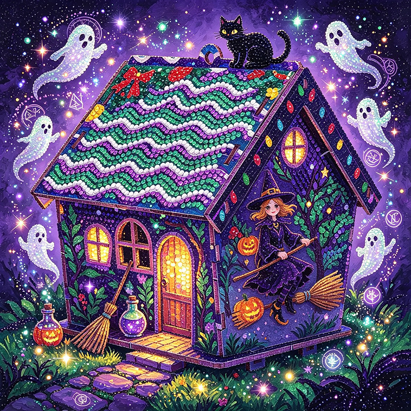 5D Full-Diamond Christmas House Diamond Painting DIY Craft—Apply Diamonds Yourself; Christmas Tree Ornaments, Desk Decor, and Festive Handmade Decorations