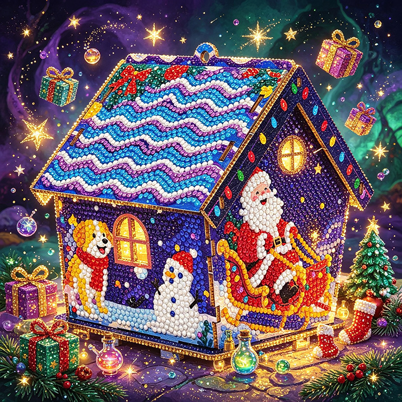 5D Full-Diamond Christmas House Diamond Painting DIY Craft—Apply Diamonds Yourself; Christmas Tree Ornaments, Desk Decor, and Festive Handmade Decorations