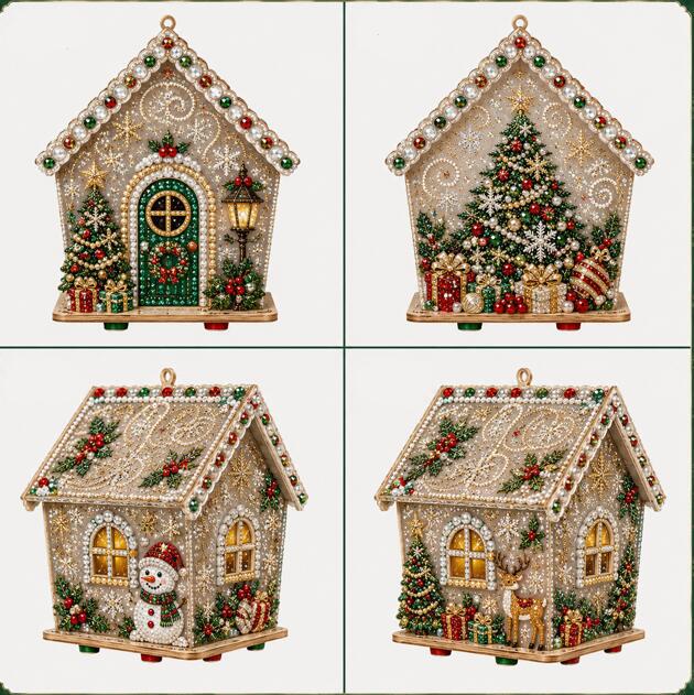 5D Full-Diamond Christmas House Diamond Painting DIY Craft—Apply Diamonds Yourself; Christmas Tree Ornaments, Desk Decor, and Festive Handmade Decorations