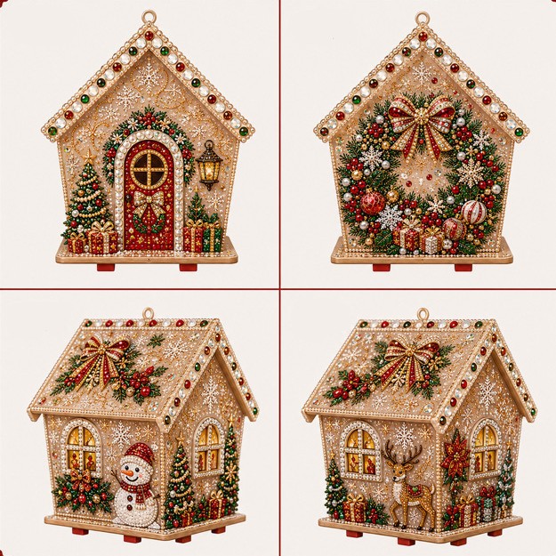 5D Full-Diamond Christmas House Diamond Painting DIY Craft—Apply Diamonds Yourself; Christmas Tree Ornaments, Desk Decor, and Festive Handmade Decorations