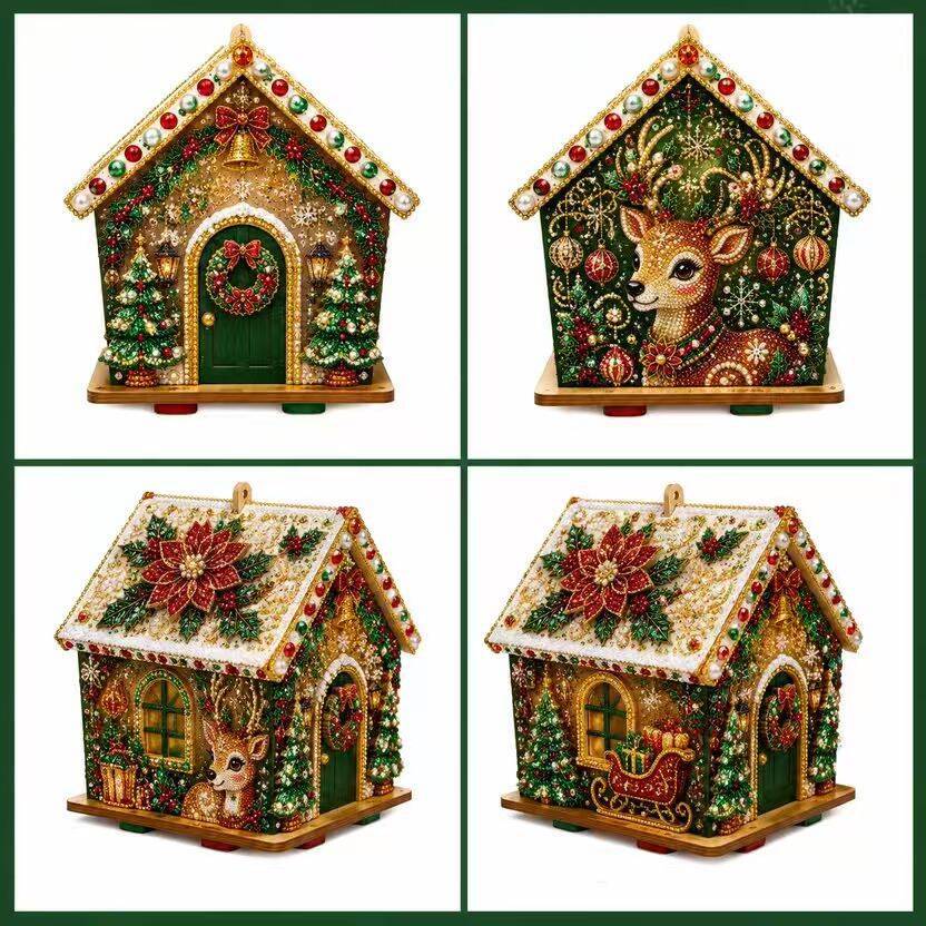 5D Full-Diamond Christmas House Diamond Painting DIY Craft—Apply Diamonds Yourself; Christmas Tree Ornaments, Desk Decor, and Festive Handmade Decorations