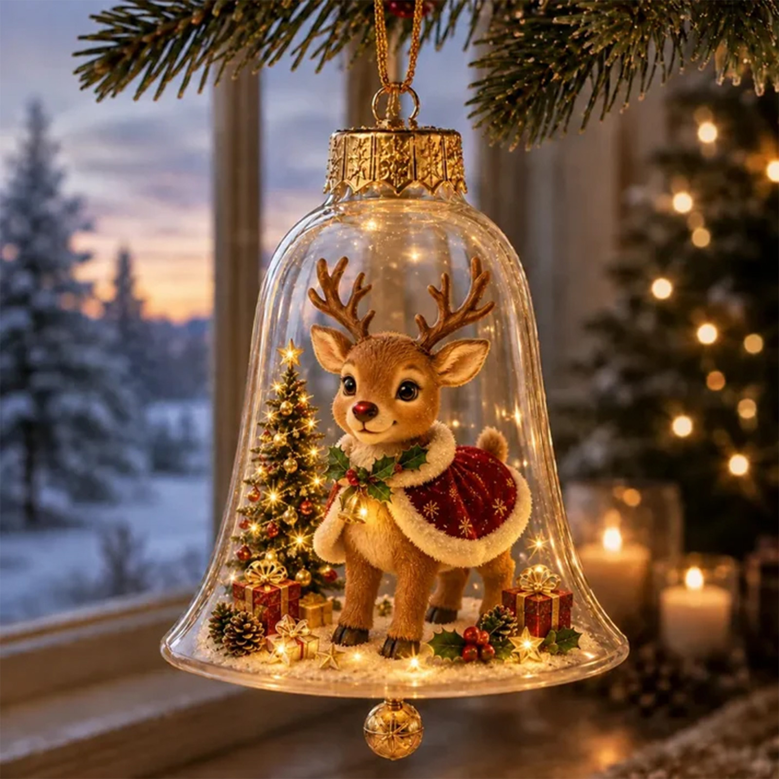 Glowing Christmas Tree with Transparent Bell Cover and Reindeer Ornament – Desktop Miniature Landscape LED Light-Up Ornament – Festive Gift