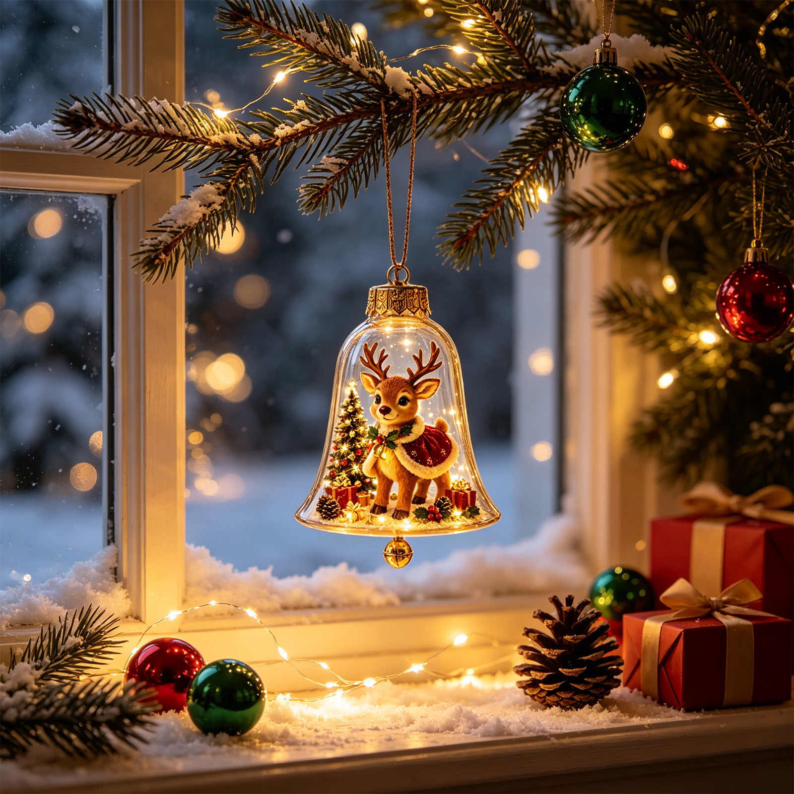 Glowing Christmas Tree with Transparent Bell Cover and Reindeer Ornament – Desktop Miniature Landscape LED Light-Up Ornament – Festive Gift