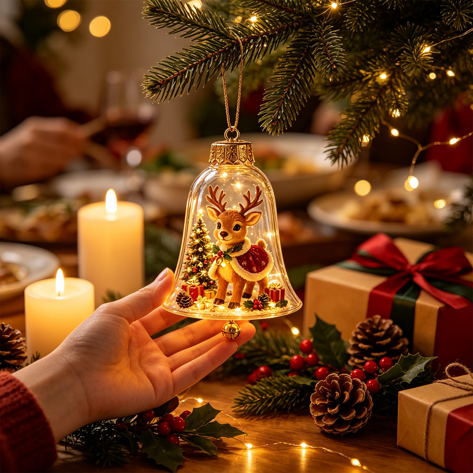 Glowing Christmas Tree with Transparent Bell Cover and Reindeer Ornament – Desktop Miniature Landscape LED Light-Up Ornament – Festive Gift