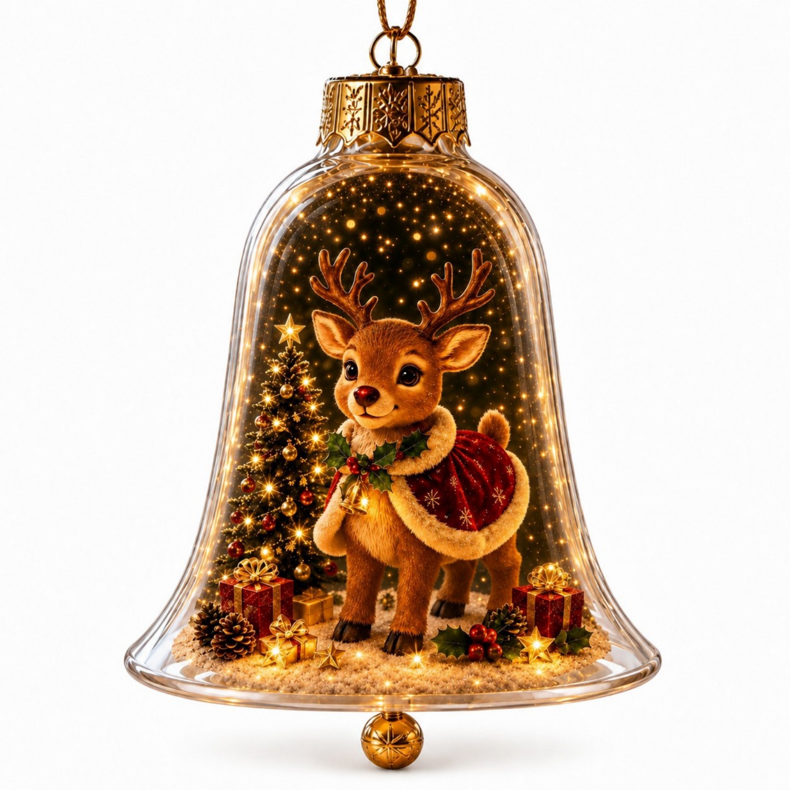 Glowing Christmas Tree with Transparent Bell Cover and Reindeer Ornament – Desktop Miniature Landscape LED Light-Up Ornament – Festive Gift