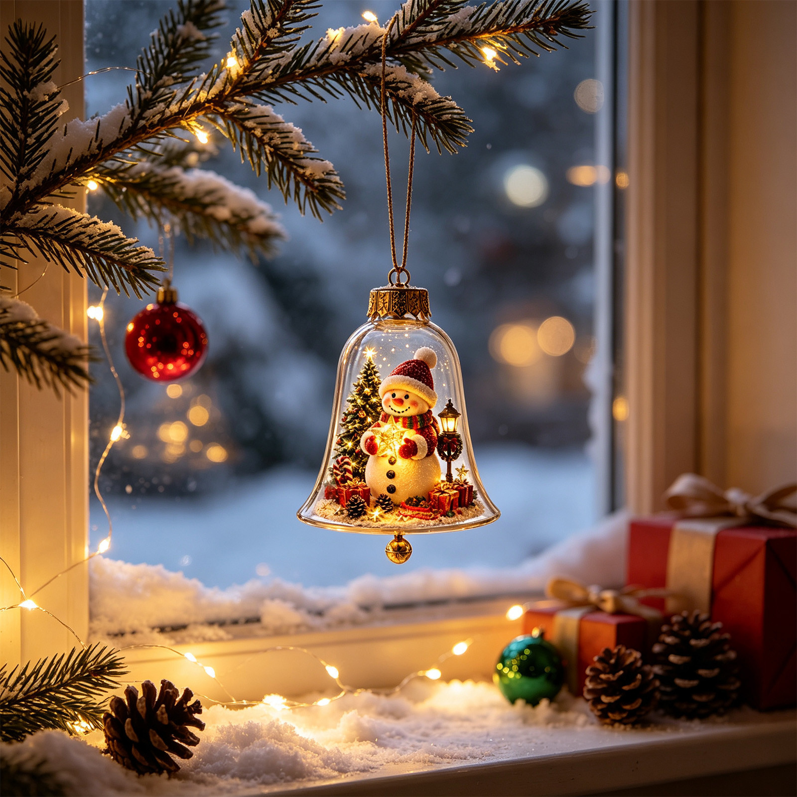 Glowing Christmas Tree with Transparent Bell Cover and Reindeer Ornament – Desktop Miniature Landscape LED Light-Up Ornament – Festive Gift