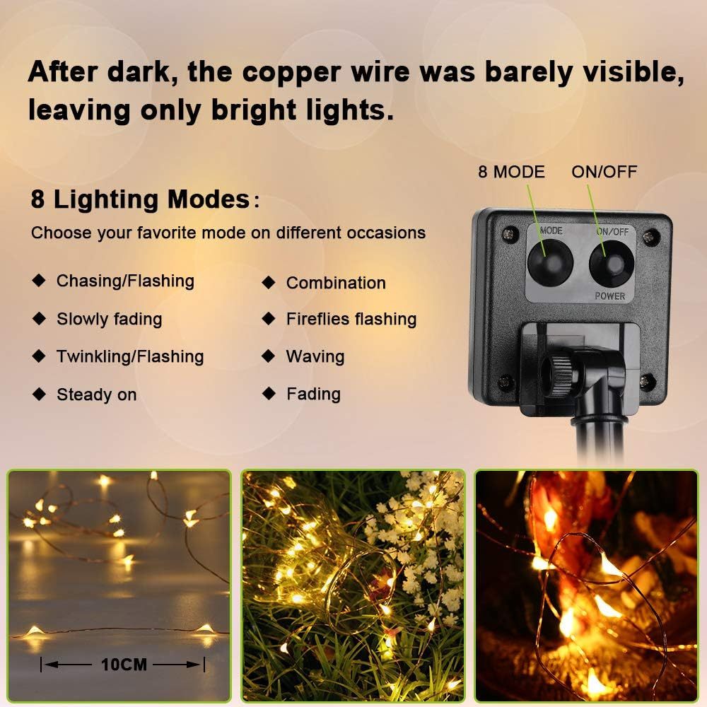 LED Multicolored Solar-Powered Outdoor Waterproof Copper Wire String Lights—8-Function Fairy Lights for Yards, Gardens, Trees, and Christmas Decorations