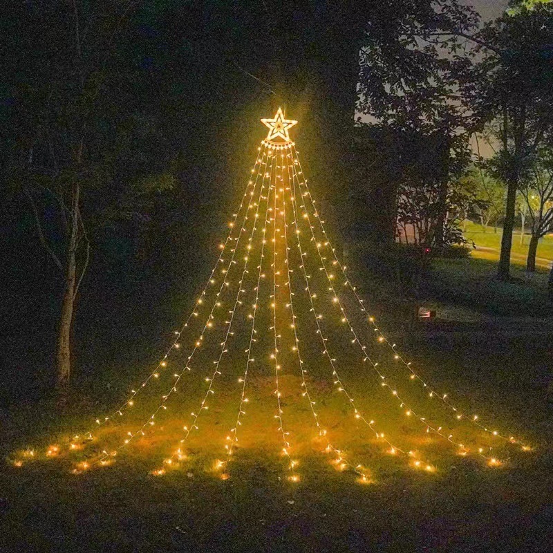 Five-Pointed Star Waterfall LED Ice Stick String Lights—Waterproof Outdoor Garden and Tree Decorations, Christmas Tree Top Lights with Ground Stakes