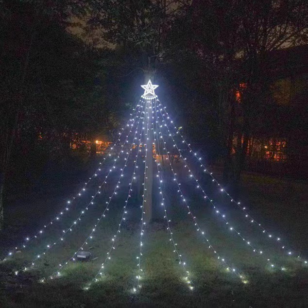Five-Pointed Star Waterfall LED Ice Stick String Lights—Waterproof Outdoor Garden and Tree Decorations, Christmas Tree Top Lights with Ground Stakes