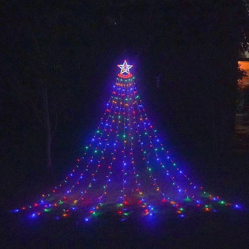 Five-Pointed Star Waterfall LED Ice Stick String Lights—Waterproof Outdoor Garden and Tree Decorations, Christmas Tree Top Lights with Ground Stakes