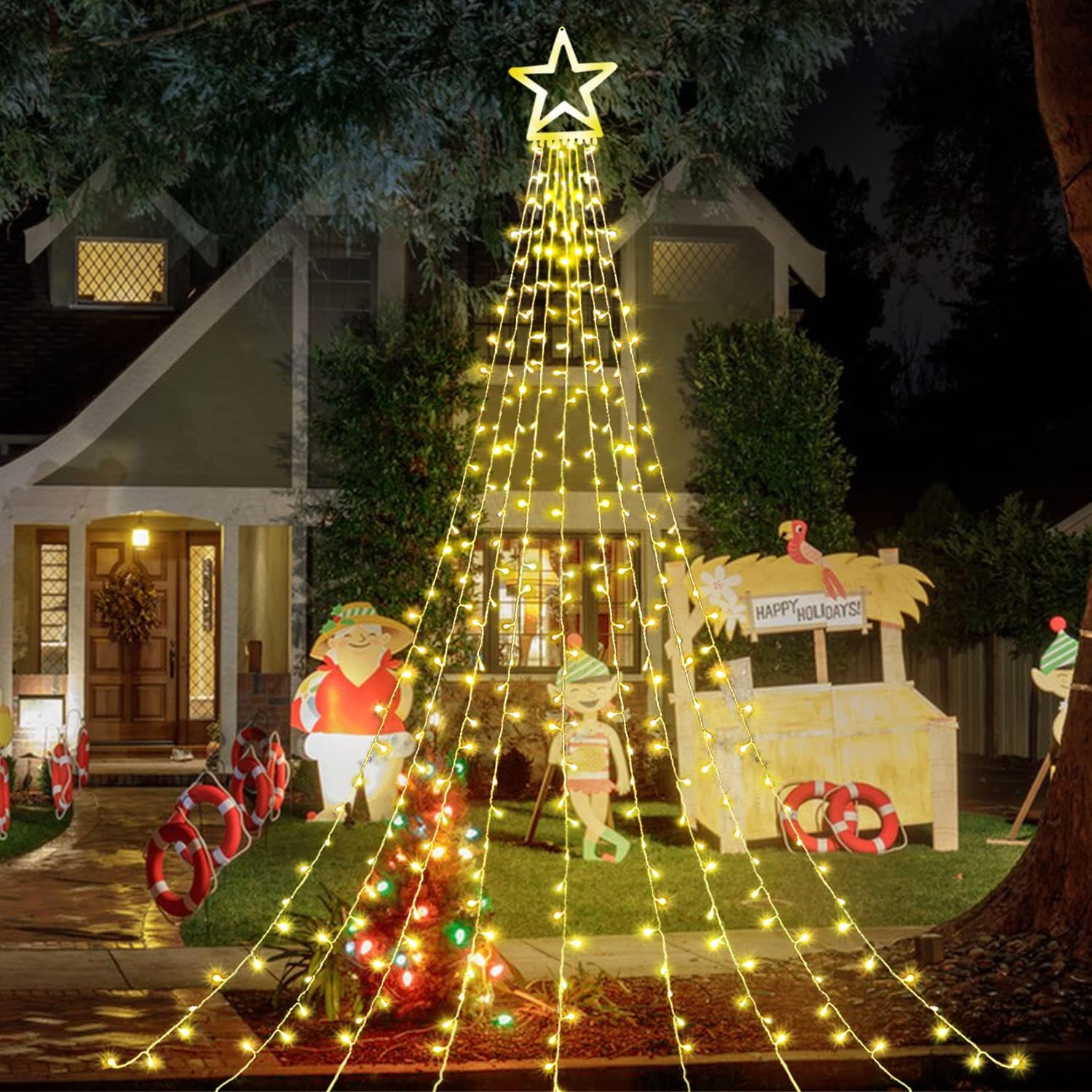 Five-Pointed Star Waterfall LED Ice Stick String Lights—Waterproof Outdoor Garden and Tree Decorations, Christmas Tree Top Lights with Ground Stakes