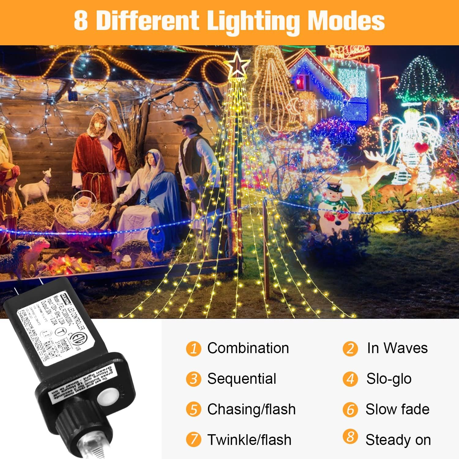 Five-Pointed Star Waterfall LED Ice Stick String Lights—Waterproof Outdoor Garden and Tree Decorations, Christmas Tree Top Lights with Ground Stakes