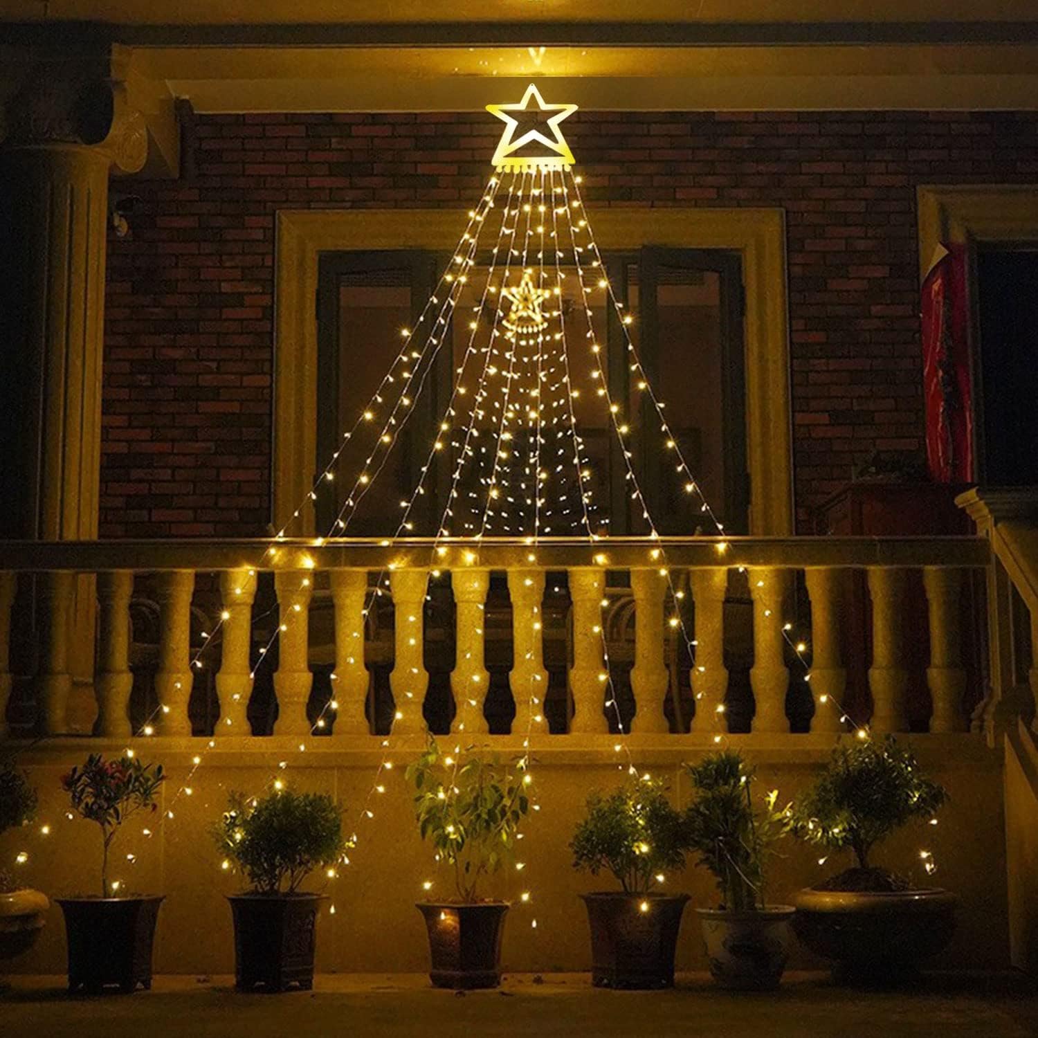 Five-Pointed Star Waterfall LED Ice Stick String Lights—Waterproof Outdoor Garden and Tree Decorations, Christmas Tree Top Lights with Ground Stakes