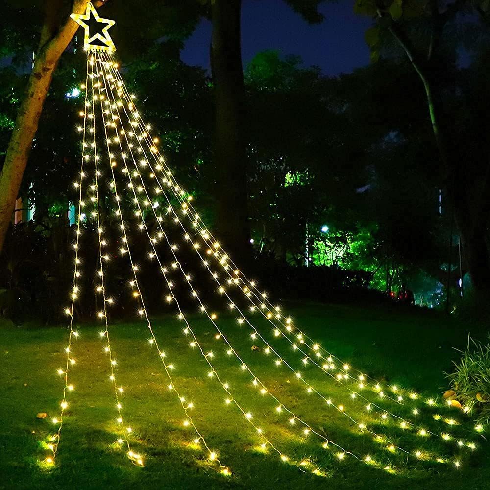Five-Pointed Star Waterfall LED Ice Stick String Lights—Waterproof Outdoor Garden and Tree Decorations, Christmas Tree Top Lights with Ground Stakes