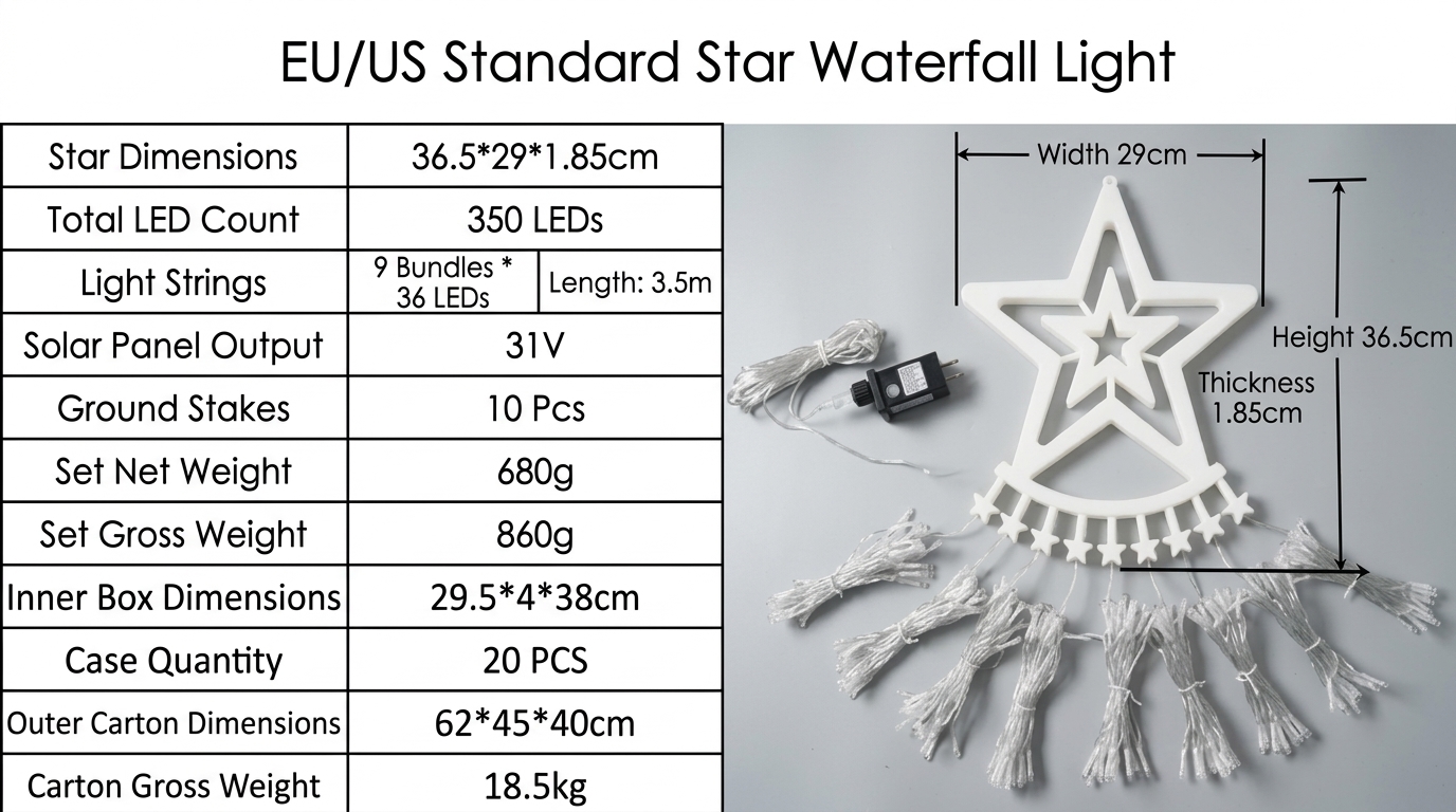 Five-Pointed Star Waterfall LED Ice Stick String Lights—Waterproof Outdoor Garden and Tree Decorations, Christmas Tree Top Lights with Ground Stakes