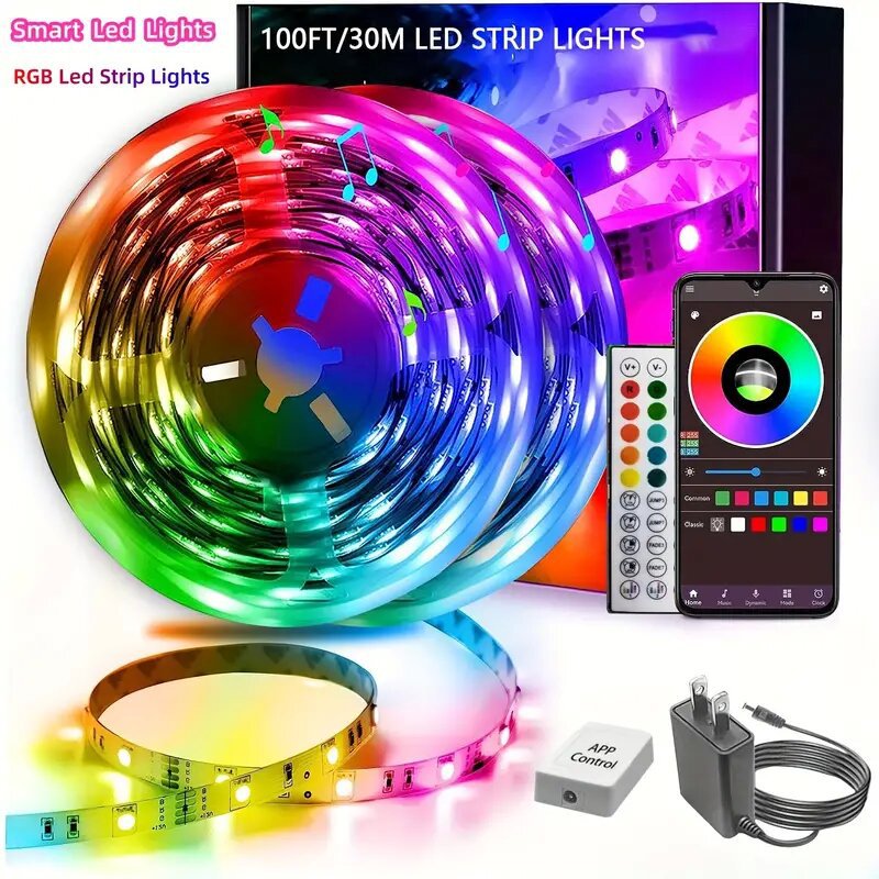 RGB 5050 LED Bluetooth App-Controlled Light Strip, 12V, 30 LEDs/meter, Music-Synced Ambient Color-Changing Light Strip for Bedroom and Bar Decor
