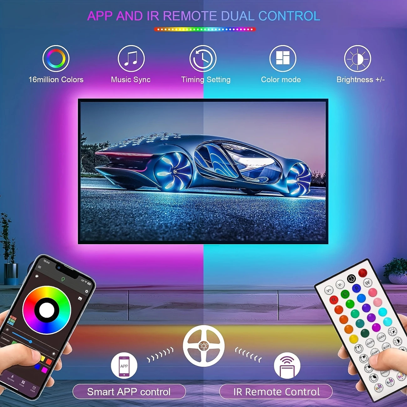 RGB 5050 LED Bluetooth App-Controlled Light Strip, 12V, 30 LEDs/meter, Music-Synced Ambient Color-Changing Light Strip for Bedroom and Bar Decor