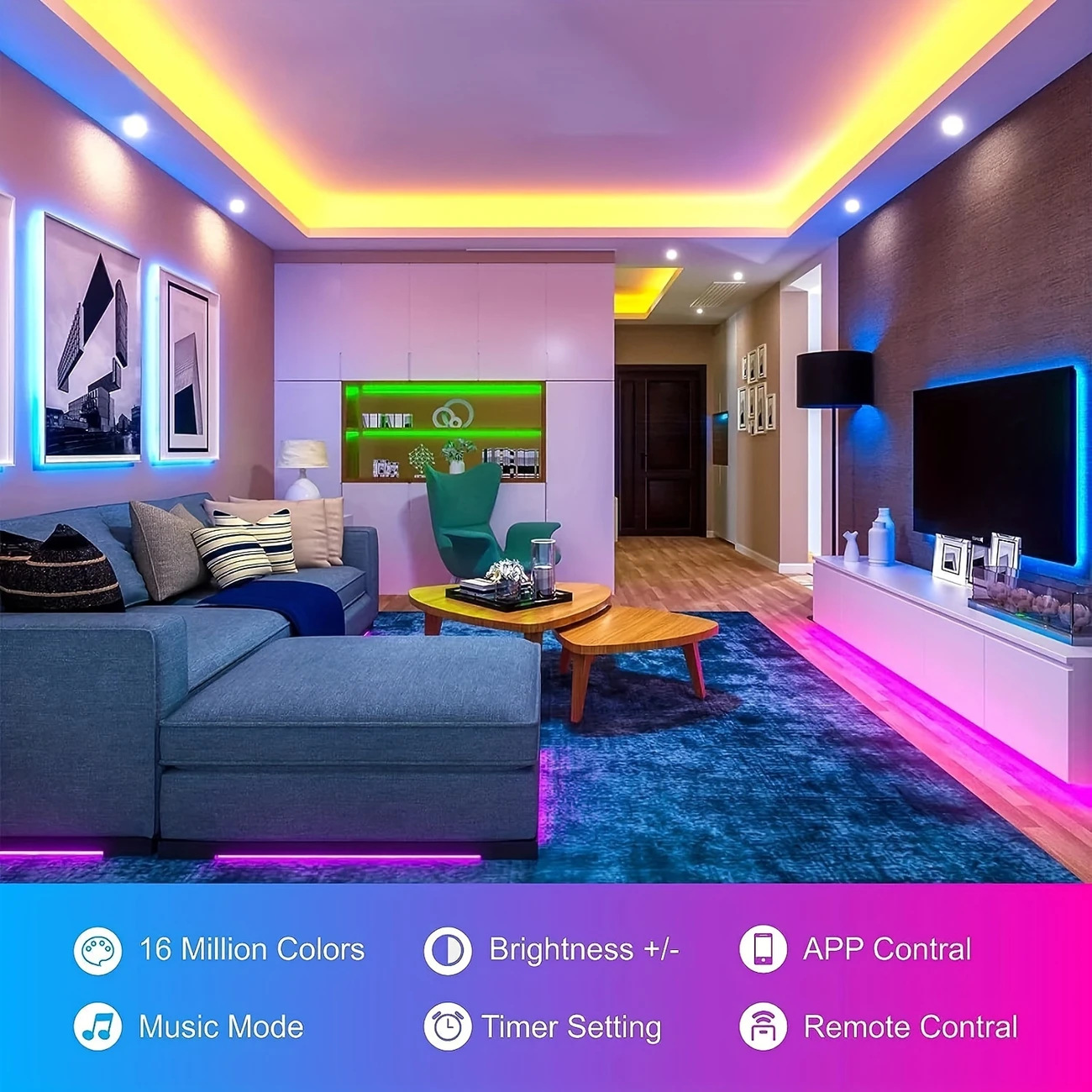 RGB 5050 LED Bluetooth App-Controlled Light Strip, 12V, 30 LEDs/meter, Music-Synced Ambient Color-Changing Light Strip for Bedroom and Bar Decor