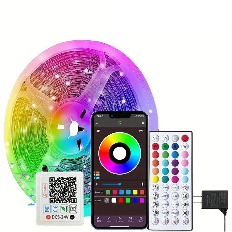 RGB 5050 LED Bluetooth App-Controlled Light Strip, 12V, 30 LEDs/meter, Music-Synced Ambient Color-Changing Light Strip for Bedroom and Bar Decor