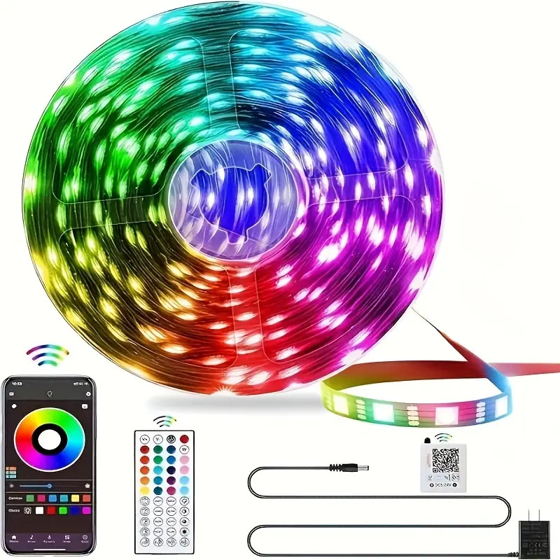 RGB 5050 LED Bluetooth App-Controlled Light Strip, 12V, 30 LEDs/meter, Music-Synced Ambient Color-Changing Light Strip for Bedroom and Bar Decor