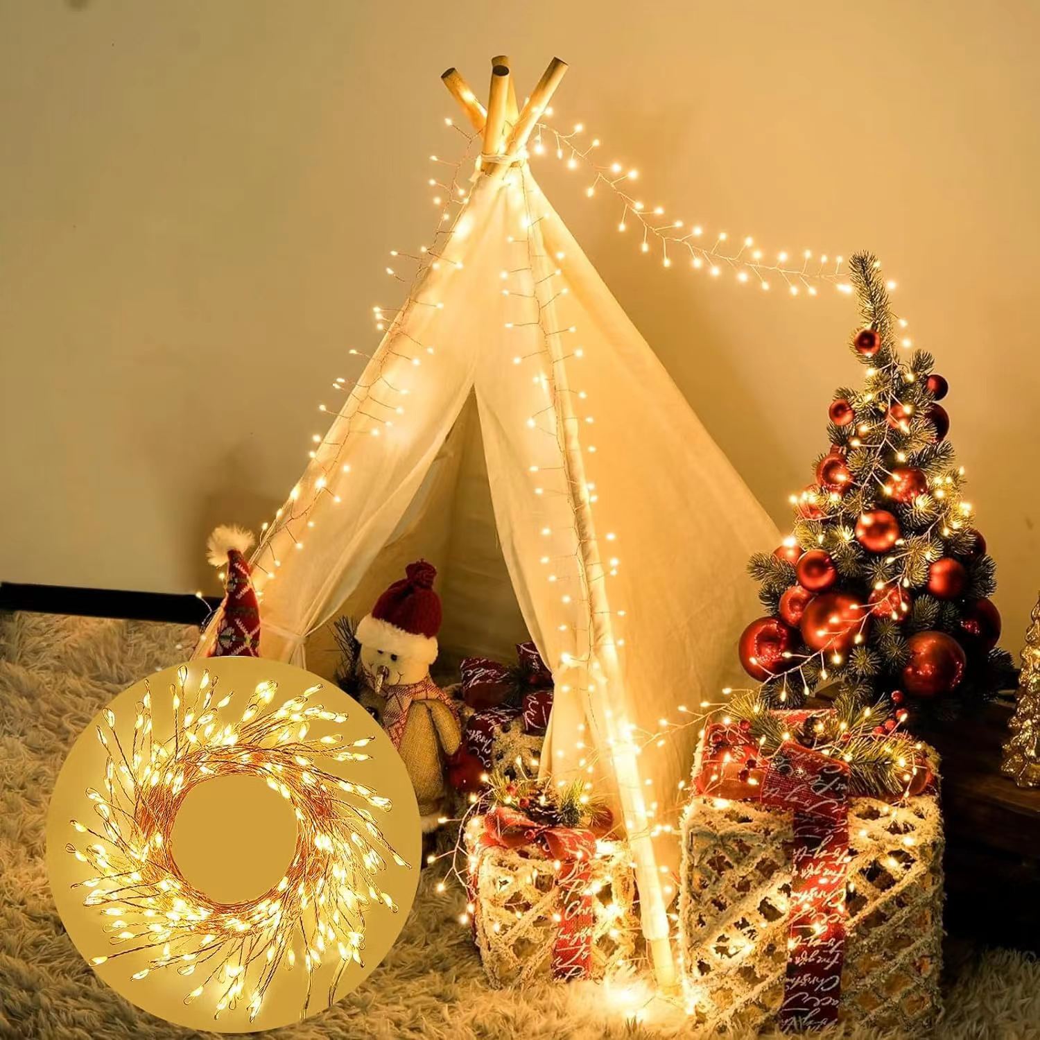 Christmas Fairy Wreath String Lights: LED Copper Wire Firework Cluster Lights—Doorway and Fireplace Wreath Decorative Ambiance Lights