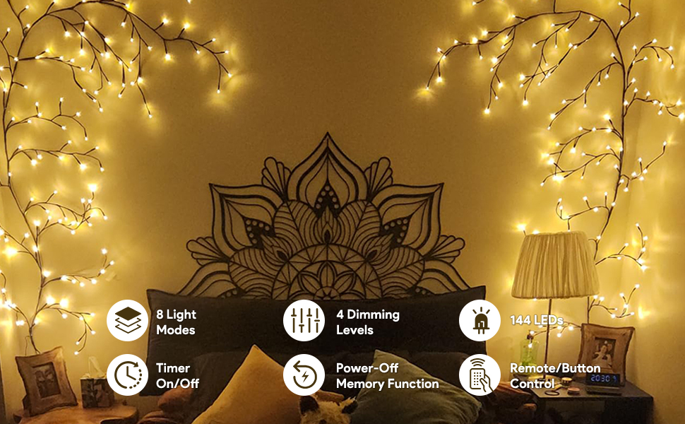 144-Light LED Vine and Branch Lights | Indoor Wall-Mounted Decorative Vine and Baby's Breath Ambiance Lights | Decorative Wall-Mounted String Lights for Bedrooms and Living Rooms