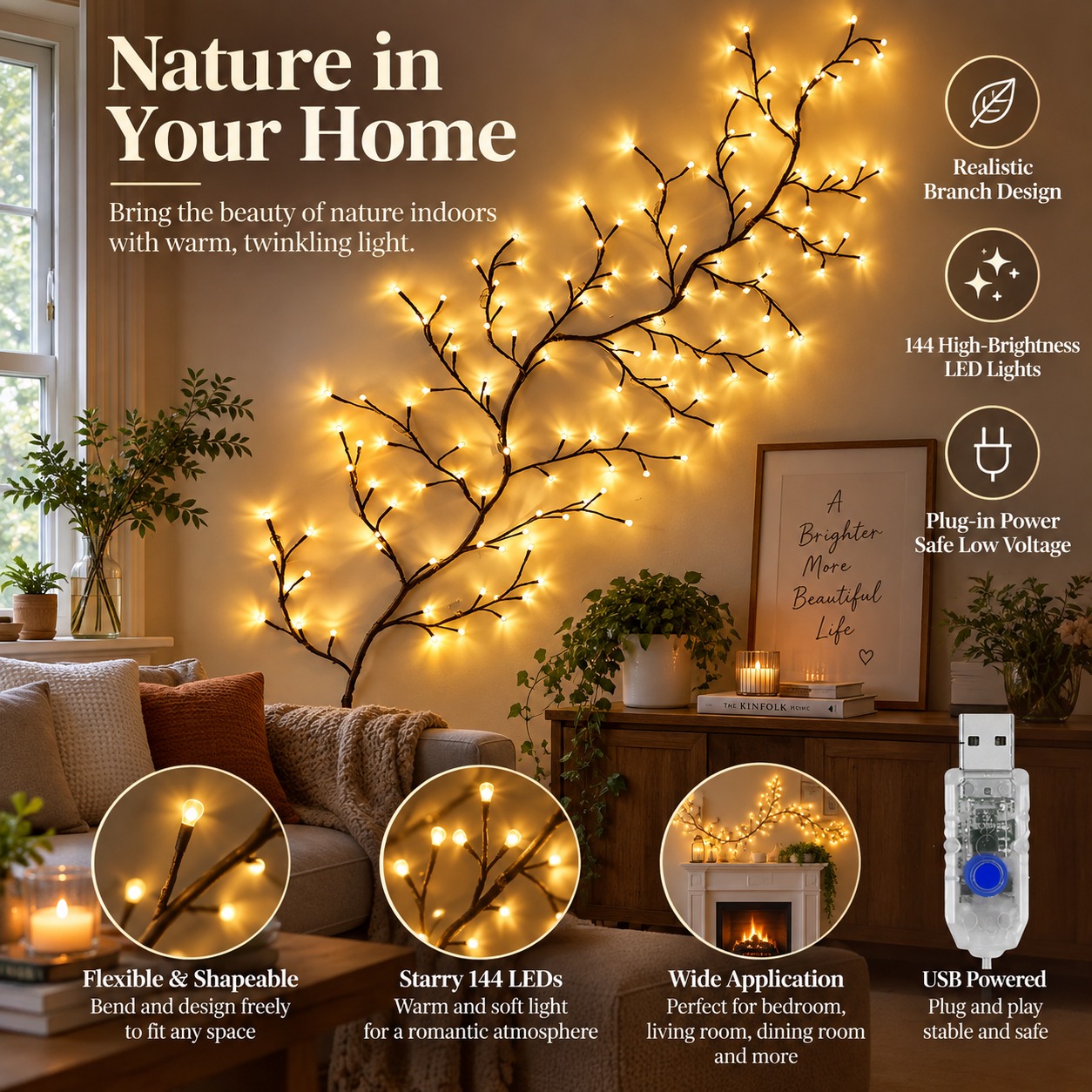 144-Light LED Vine and Branch Lights | Indoor Wall-Mounted Decorative Vine and Baby's Breath Ambiance Lights | Decorative Wall-Mounted String Lights for Bedrooms and Living Rooms