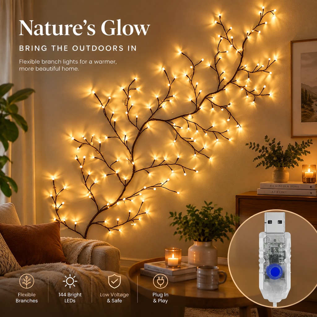 144-Light LED Vine and Branch Lights | Indoor Wall-Mounted Decorative Vine and Baby's Breath Ambiance Lights | Decorative Wall-Mounted String Lights for Bedrooms and Living Rooms