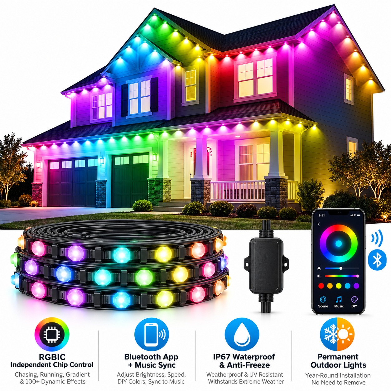 Bluetooth RGBIC Color-Changing Eave String Lights—Smart App-Controlled Music-Synced Roof Decorative Lights